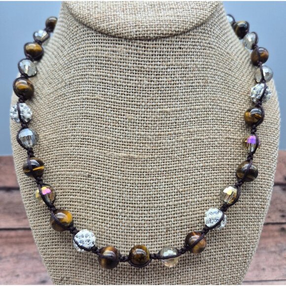 NWOT Tiger's Eye Shamballa & Faceted Crystal Boho Cord Necklace One Size Unisex - Picture 4 of 10